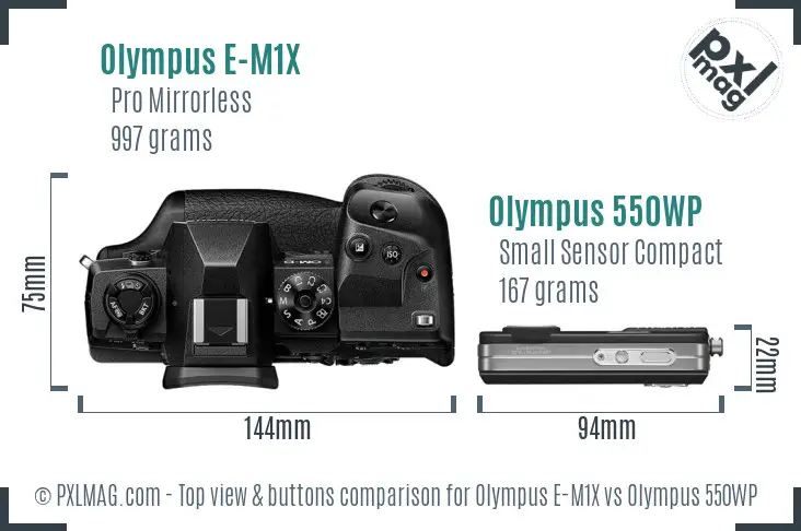 Olympus E-M1X vs Olympus 550WP top view buttons comparison
