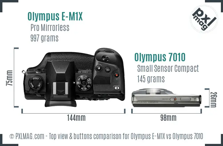 Olympus E-M1X vs Olympus 7010 top view buttons comparison