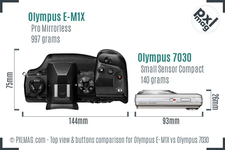 Olympus E-M1X vs Olympus 7030 top view buttons comparison