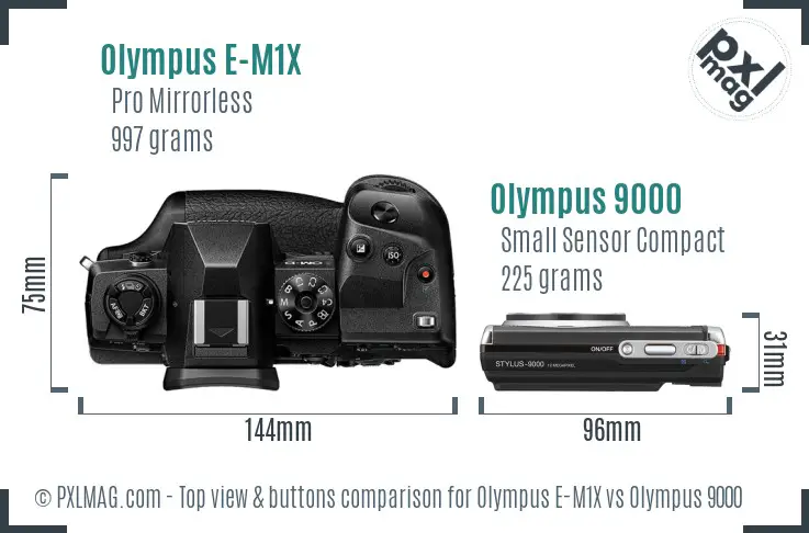 Olympus E-M1X vs Olympus 9000 top view buttons comparison