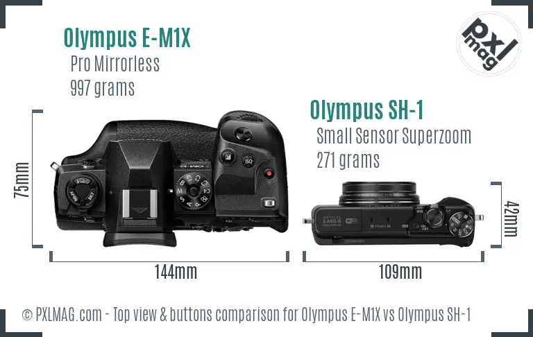 Olympus E-M1X vs Olympus SH-1 top view buttons comparison