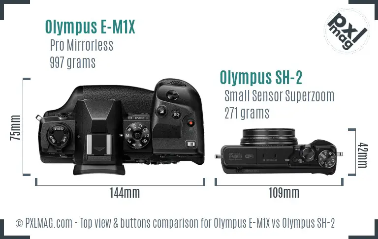 Olympus E-M1X vs Olympus SH-2 top view buttons comparison