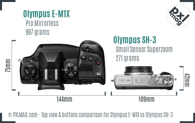 Olympus E-M1X vs Olympus SH-3 top view buttons comparison