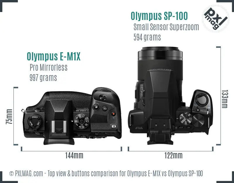 Olympus E-M1X vs Olympus SP-100 top view buttons comparison