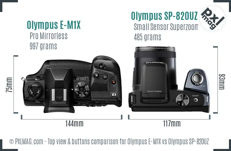 Olympus E-M1X vs Olympus SP-820UZ top view buttons comparison