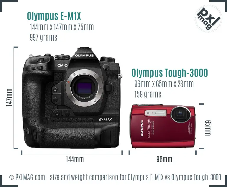 Olympus E-M1X vs Olympus Tough-3000 size comparison