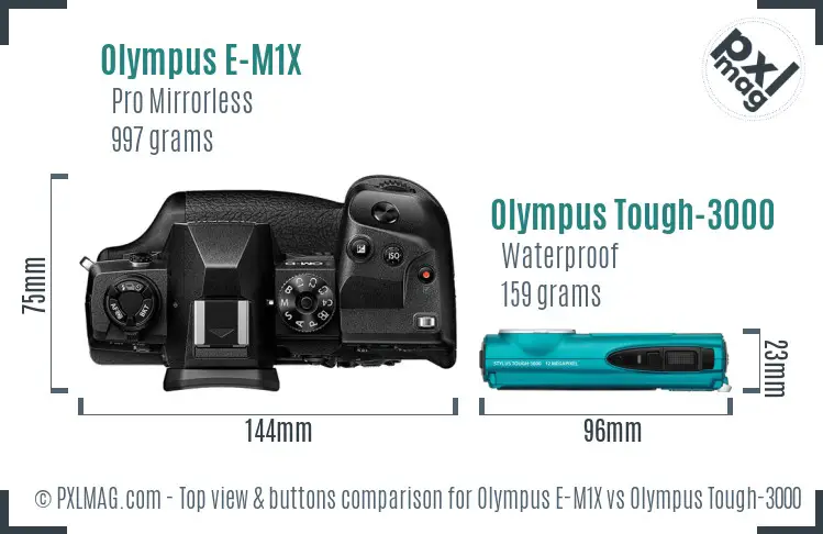 Olympus E-M1X vs Olympus Tough-3000 top view buttons comparison