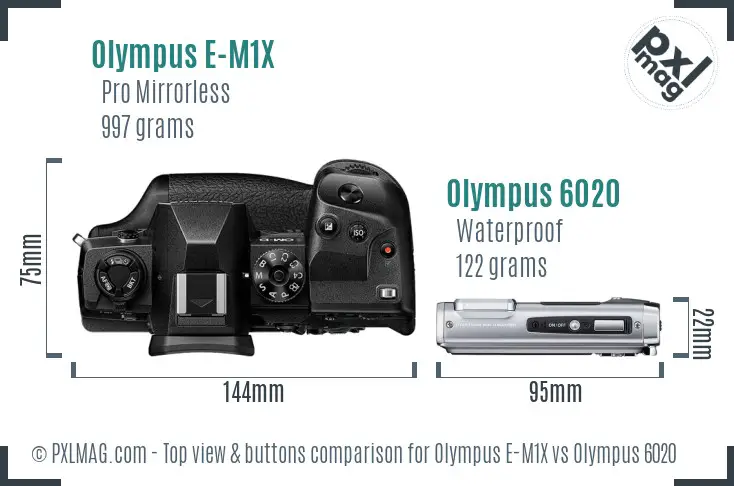 Olympus E-M1X vs Olympus 6020 top view buttons comparison
