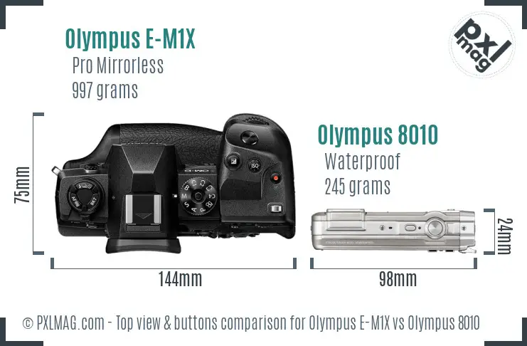 Olympus E-M1X vs Olympus 8010 top view buttons comparison