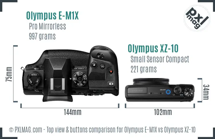 Olympus E-M1X vs Olympus XZ-10 top view buttons comparison