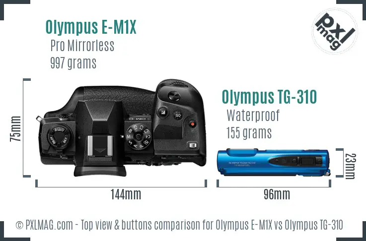 Olympus E-M1X vs Olympus TG-310 top view buttons comparison