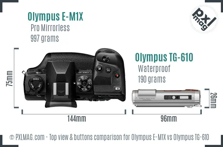 Olympus E-M1X vs Olympus TG-610 top view buttons comparison