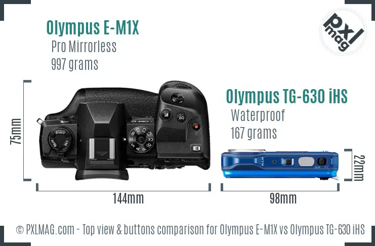 Olympus E-M1X vs Olympus TG-630 iHS top view buttons comparison