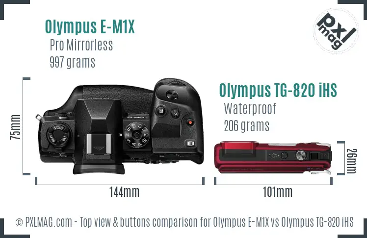 Olympus E-M1X vs Olympus TG-820 iHS top view buttons comparison