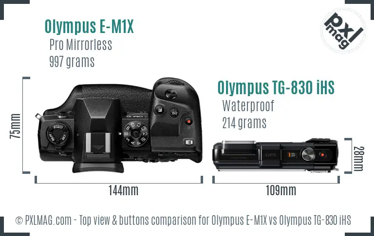 Olympus E-M1X vs Olympus TG-830 iHS top view buttons comparison