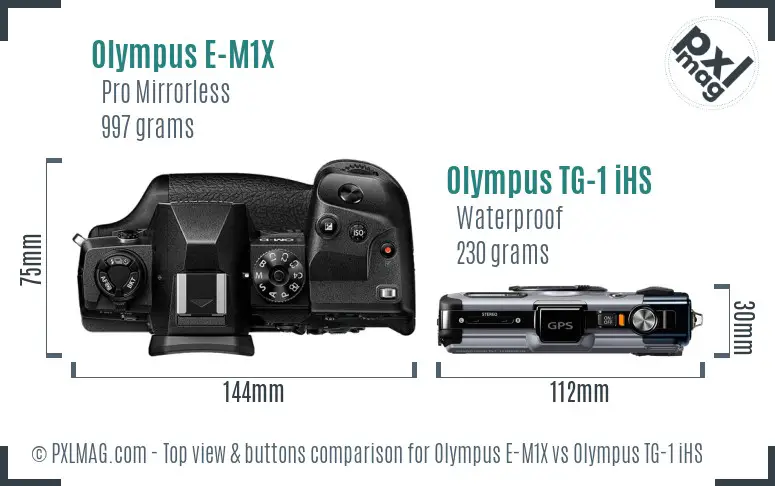 Olympus E-M1X vs Olympus TG-1 iHS top view buttons comparison
