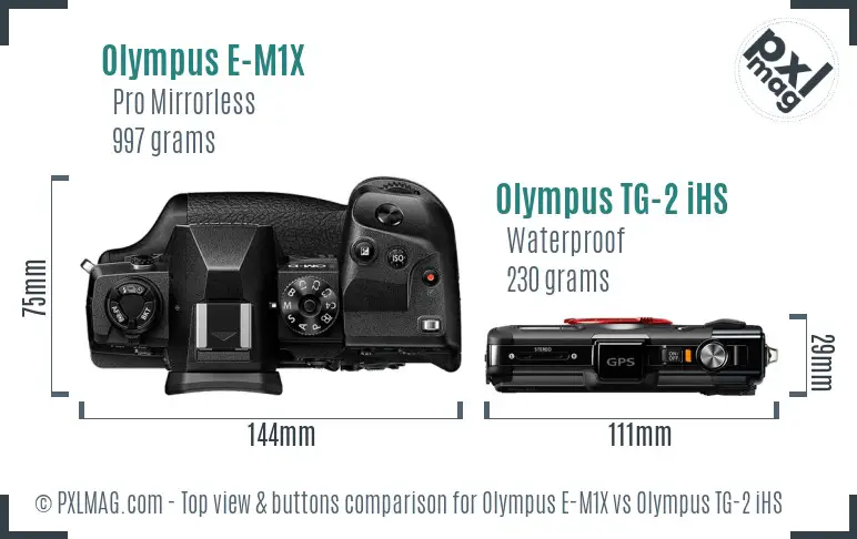 Olympus E-M1X vs Olympus TG-2 iHS top view buttons comparison