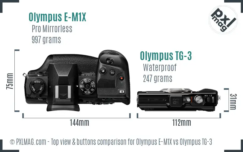 Olympus E-M1X vs Olympus TG-3 top view buttons comparison