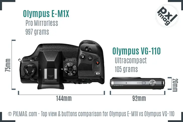 Olympus E-M1X vs Olympus VG-110 top view buttons comparison