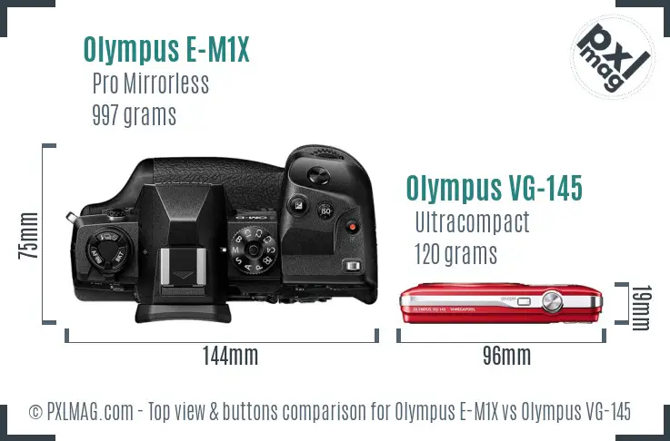Olympus E-M1X vs Olympus VG-145 top view buttons comparison