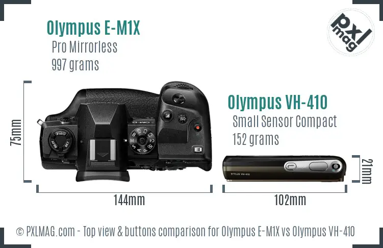 Olympus E-M1X vs Olympus VH-410 top view buttons comparison