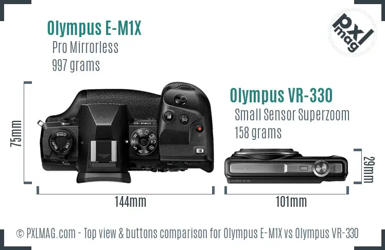 Olympus E-M1X vs Olympus VR-330 top view buttons comparison