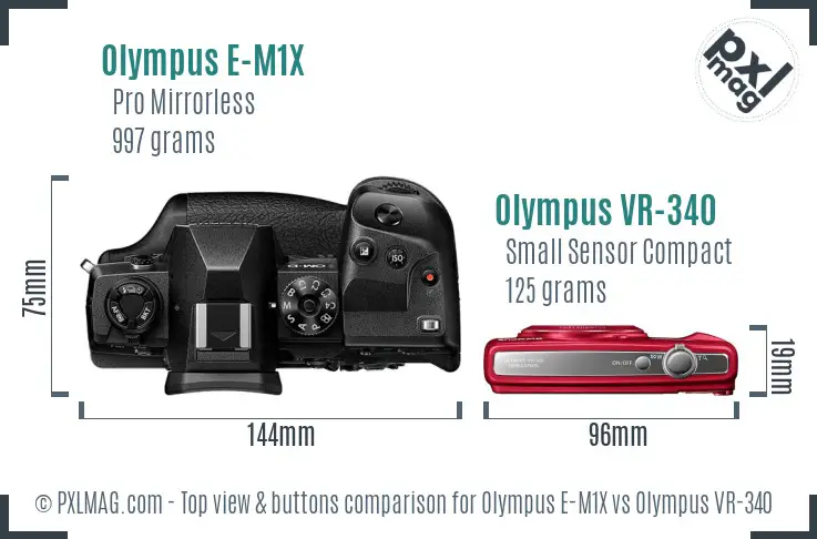 Olympus E-M1X vs Olympus VR-340 top view buttons comparison