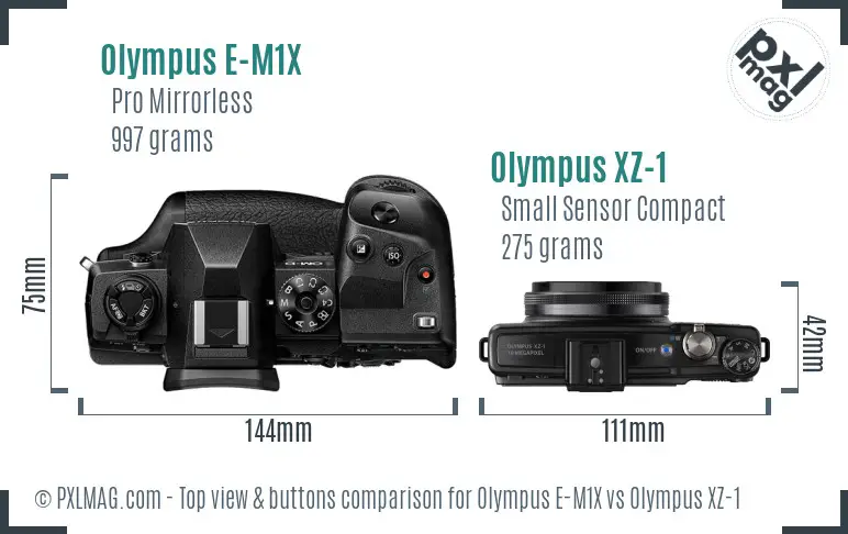 Olympus E-M1X vs Olympus XZ-1 top view buttons comparison
