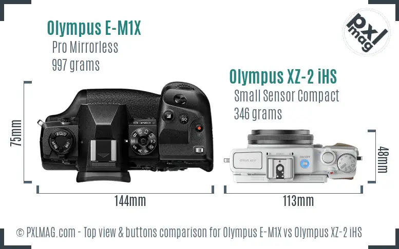 Olympus E-M1X vs Olympus XZ-2 iHS top view buttons comparison