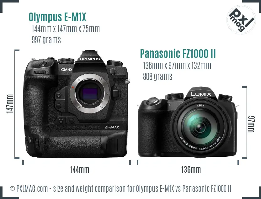 Olympus E-M1X vs Panasonic FZ1000 II size comparison