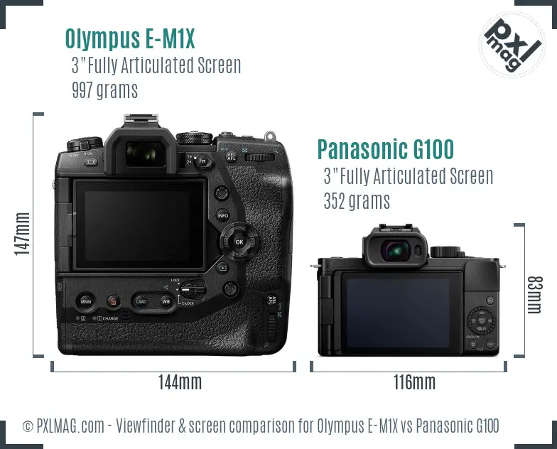 Olympus E-M1X vs Panasonic G100 Screen and Viewfinder comparison