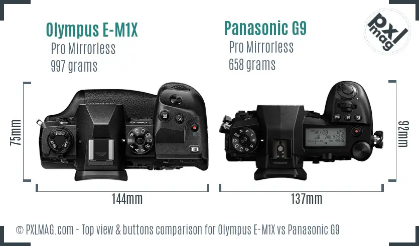 Olympus E-M1X vs Panasonic G9 top view buttons comparison