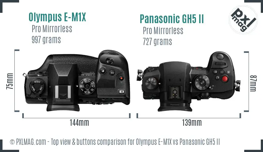 Olympus E-M1X vs Panasonic GH5 II top view buttons comparison