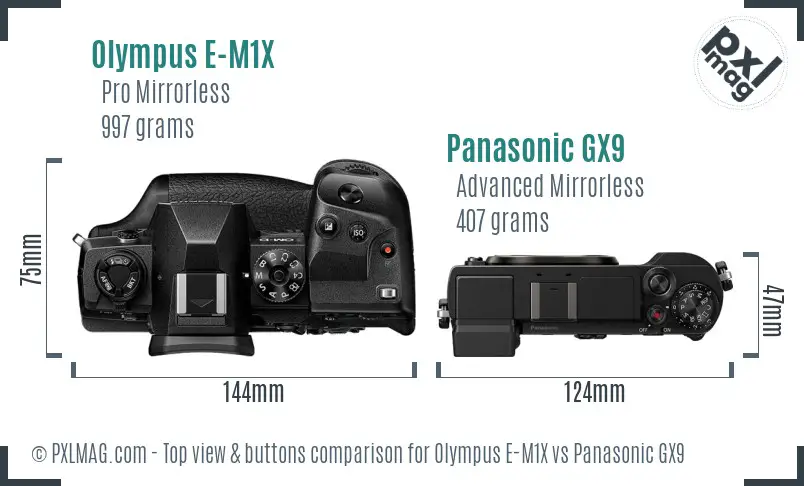 Olympus E-M1X vs Panasonic GX9 top view buttons comparison