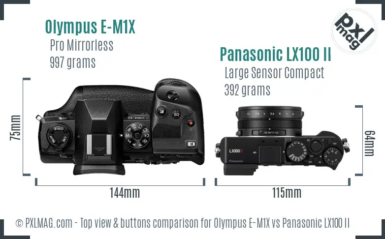Olympus E-M1X vs Panasonic LX100 II top view buttons comparison
