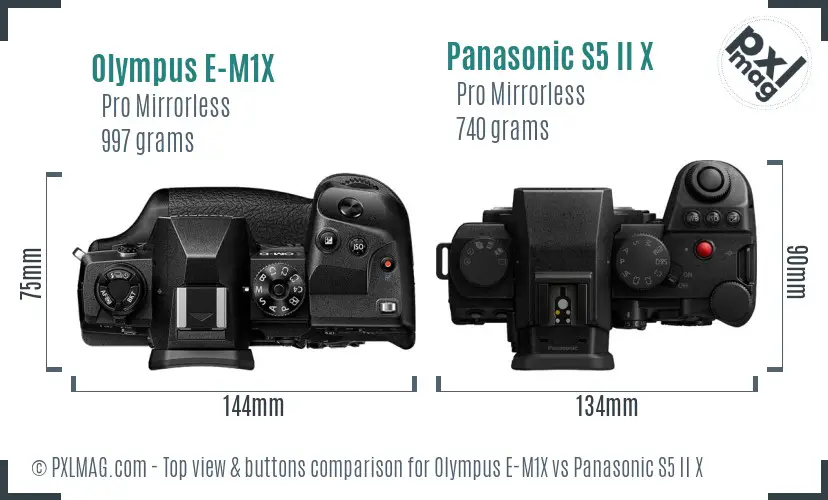 Olympus E-M1X vs Panasonic S5 II X top view buttons comparison