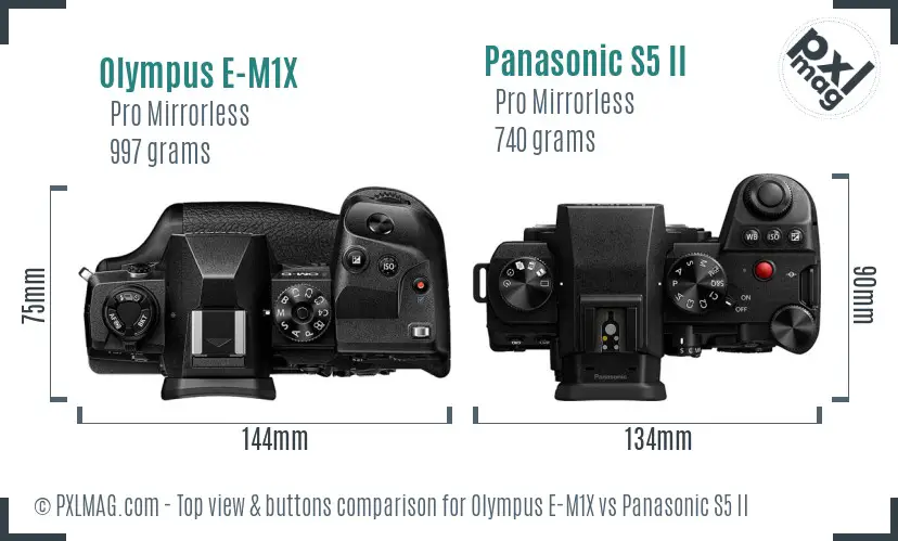 Olympus E-M1X vs Panasonic S5 II top view buttons comparison