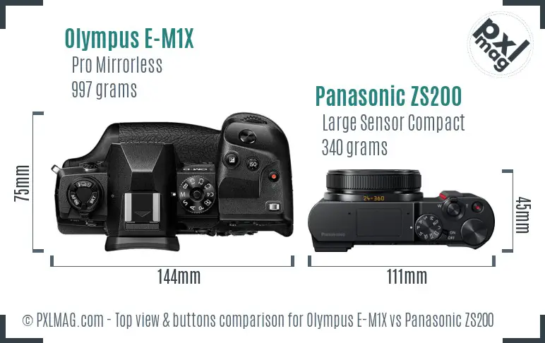Olympus E-M1X vs Panasonic ZS200 top view buttons comparison
