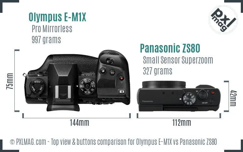 Olympus E-M1X vs Panasonic ZS80 top view buttons comparison
