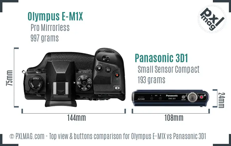 Olympus E-M1X vs Panasonic 3D1 top view buttons comparison