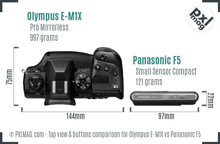 Olympus E-M1X vs Panasonic F5 top view buttons comparison