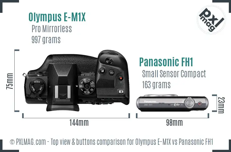 Olympus E-M1X vs Panasonic FH1 top view buttons comparison