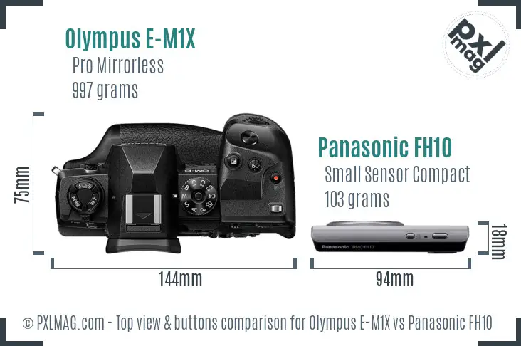Olympus E-M1X vs Panasonic FH10 top view buttons comparison