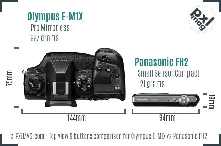 Olympus E-M1X vs Panasonic FH2 top view buttons comparison