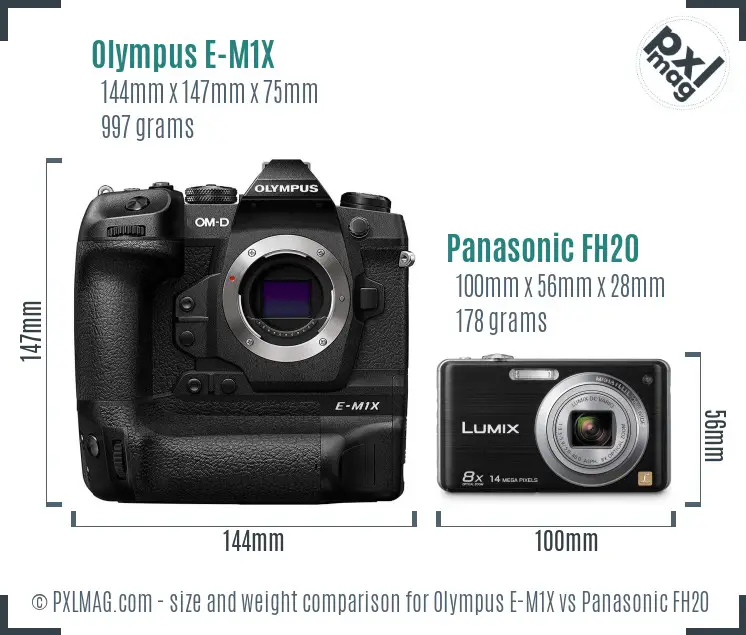 Olympus E-M1X vs Panasonic FH20 size comparison