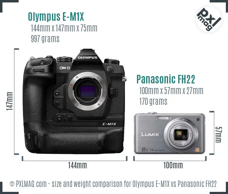 Olympus E-M1X vs Panasonic FH22 size comparison