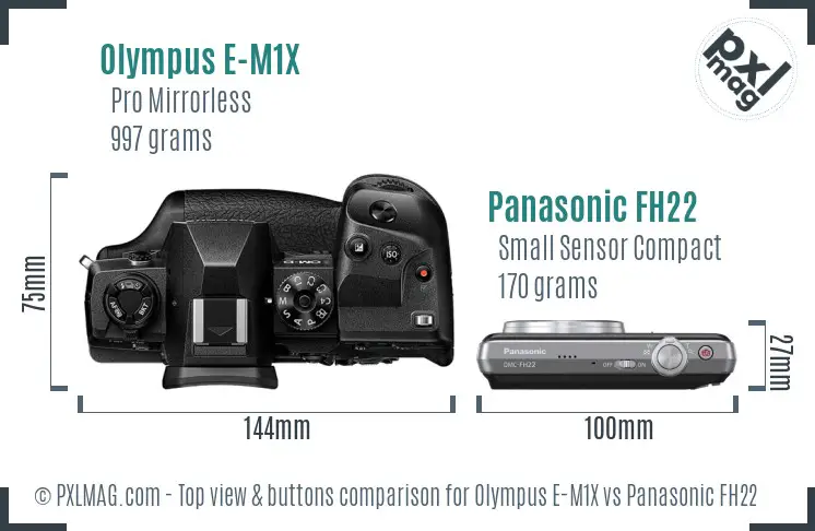 Olympus E-M1X vs Panasonic FH22 top view buttons comparison