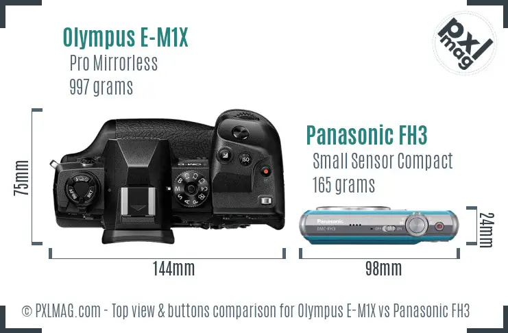 Olympus E-M1X vs Panasonic FH3 top view buttons comparison