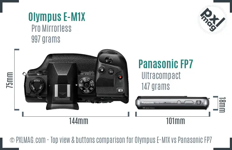 Olympus E-M1X vs Panasonic FP7 top view buttons comparison