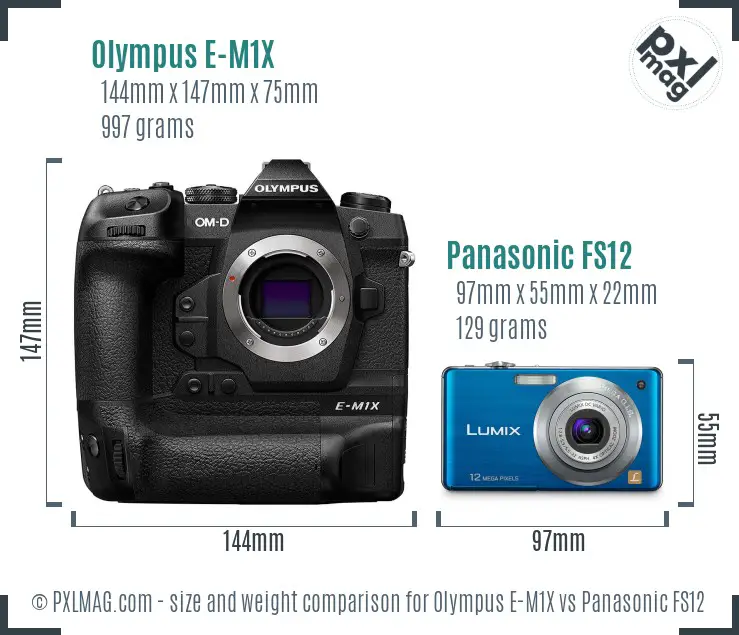 Olympus E-M1X vs Panasonic FS12 size comparison